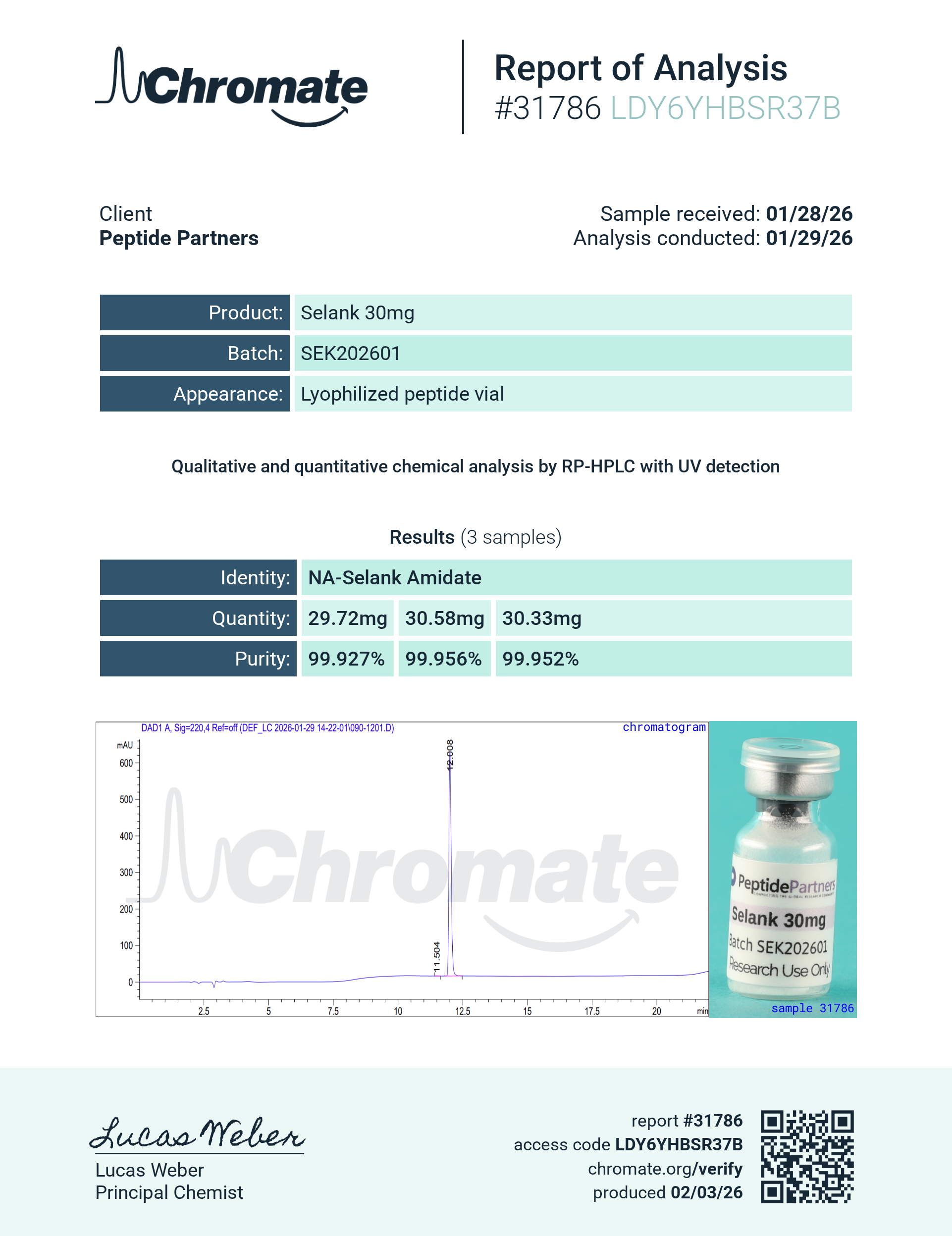 Real third-party Certificate of Analysis — Peptide Partners Selank 30mg, Chromate lab, 99.95% HPLC purity